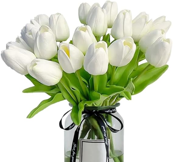 20pcs White Tulips Artificial Flowers Silk Tulips Flowers Fake Tulips Flowers Mother's Day Easter Valentine’S Day Gifts in Home Kitchen Wedding Dining Table Decorations
