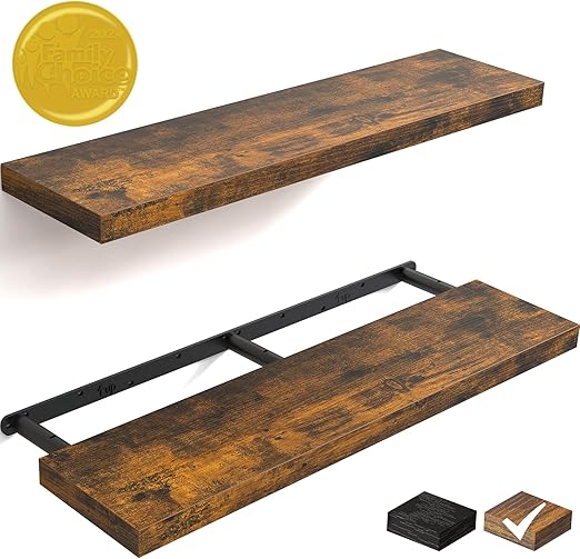 BAYKA Floating Shelves for Wall, 36" Wall Mounted Rustic Wood Shelves for Bathroom, Bedroom, Living Room, Kitchen, Office, Hanging Shelf for Books/Storage/Decor(Rustic Brown,Set of 2)