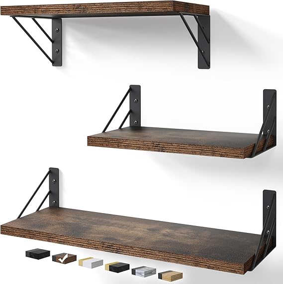 BAYKA Wall Shelves for Bedroom Decor, Floating Wall Shelves for Living Room Kitchen Storage, Wall Mounted Rustic Wood Floating Shelves for Kids Books, Small Shelf for Bathroom(Rustic Brown，Set of 3) Kitchen Home Decor Ideas