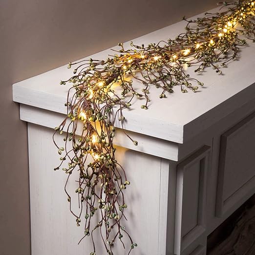 LampLust Lighted Garland, 6 Ft Grapevine with Green Berries, 100 LED Lights with Timer, Spring Garland for Mantle All Year Round, Battery Powered, Farmhouse Dining Table Decor, Spring Decor