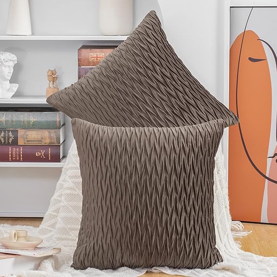 MADIZZ Set of 2 Super Soft Velvet Decorative Throw Pillow Covers 12x12 inch Brown Square with Texture Luxury Style Cushion Case Pillow Shell for Sofa Bedroom