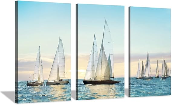 Hardy Gallery sailboat wall art coastal pictures: nautical wall decor sailing artwork blue ocean print in canvas painting for living room 20" x 34" x 3 panels