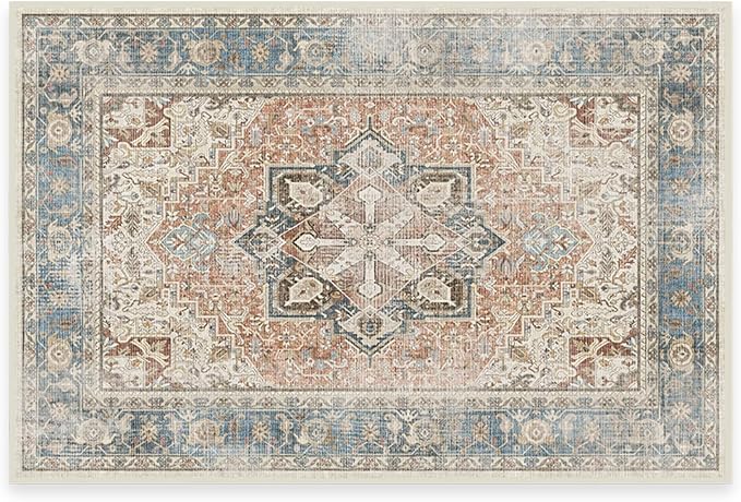 Ruggable Washable 3x5 Area Rug, Kamran Coral, Premium Vintage Rugs