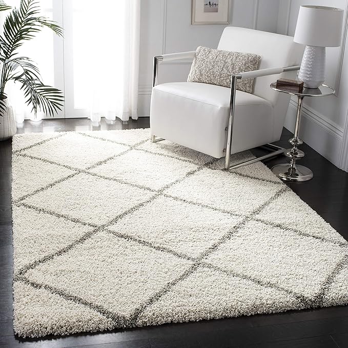 SAFAVIEH Hudson Shag Collection Area Rug - 8' x 10', Ivory & Grey, Modern Trellis Design