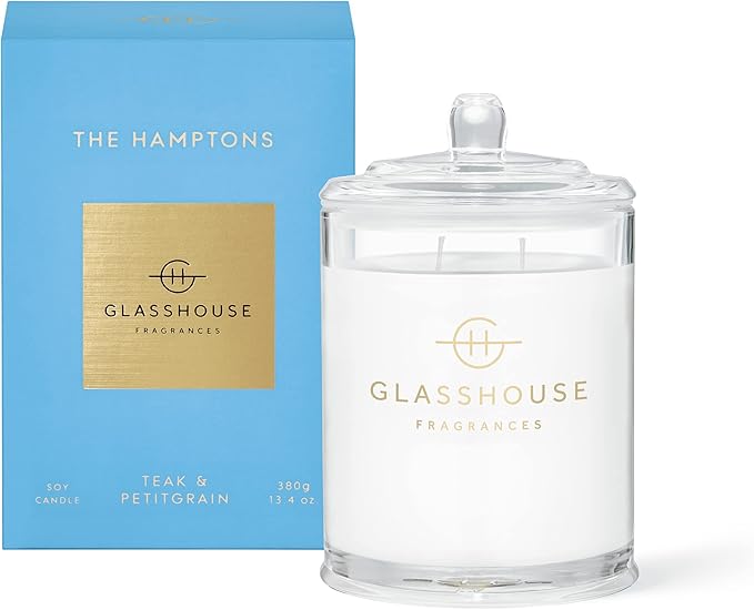 Glasshouse Fragrances The Hamptons Candle, Triple Scented Natural Soy Wax Blend, 2 Wicks & Glass Jar, 65 Hour Burn Time, Teak & Petitgrain, 13.4 Oz (380g)